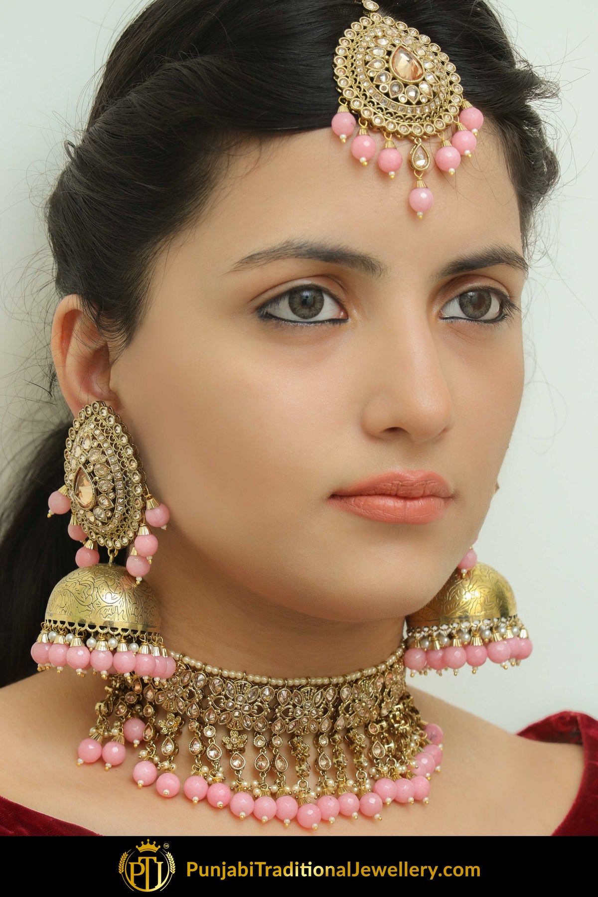 Farwah Chamapgne Stone  Pink Jhumki Earrings, Necklace Set With Tikka | Punjabi Traditional Jewellery Exclusive