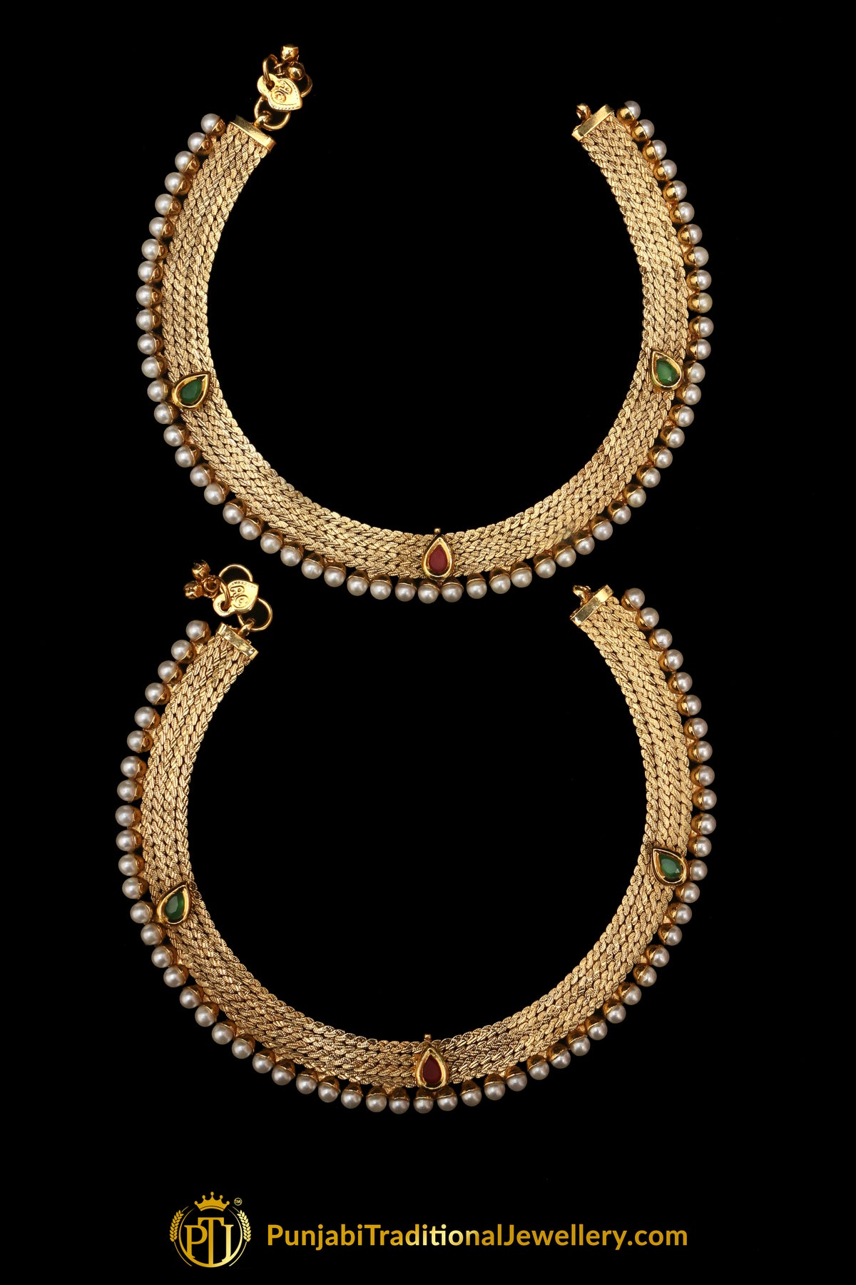 Red &  Green Antique Gold, Polki Payal By Punjabi Traditional Jewellery