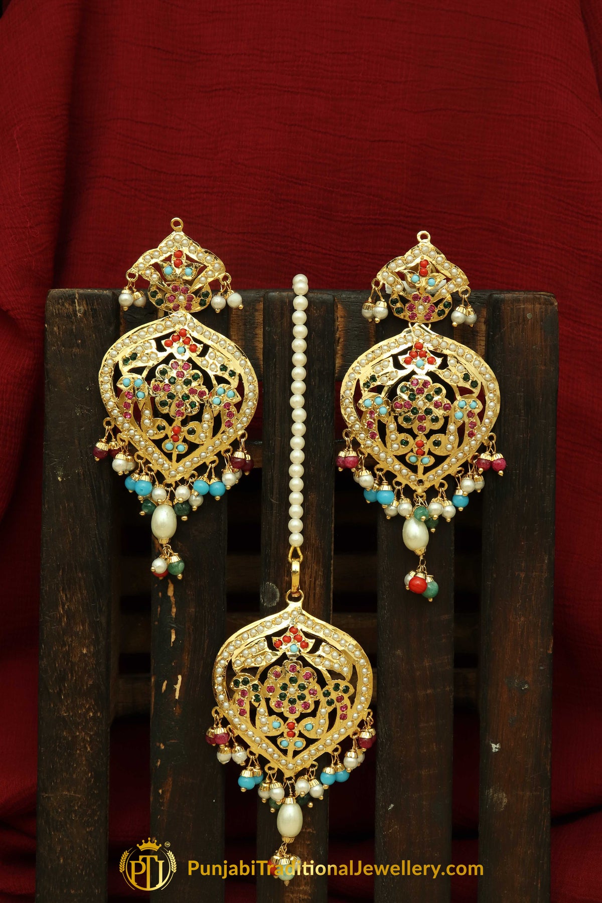 Multi Jadau Pearl Earring Tikka Set By Punjabi Traditional Jewellery