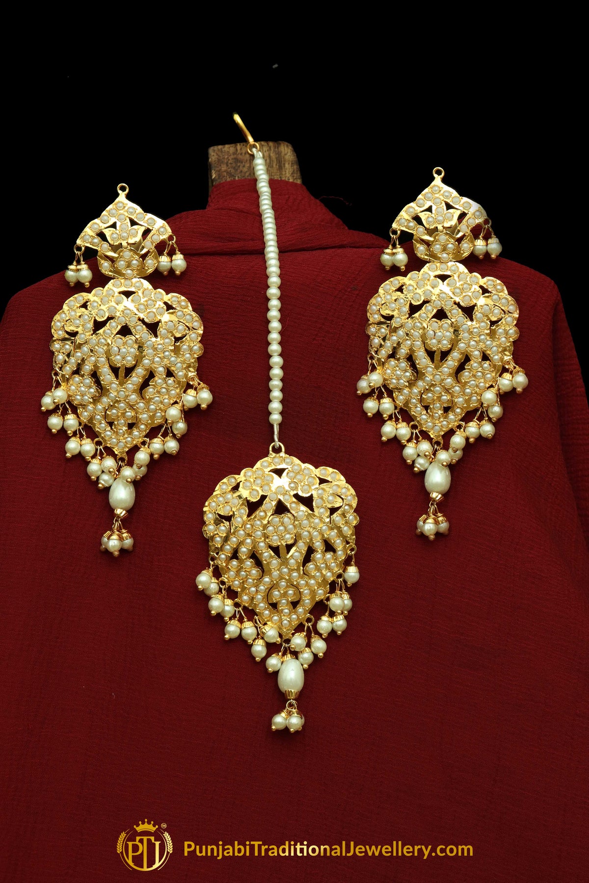 Golden Jadau Pearl Earring Tikka Set By Punjabi Traditional Jewellery