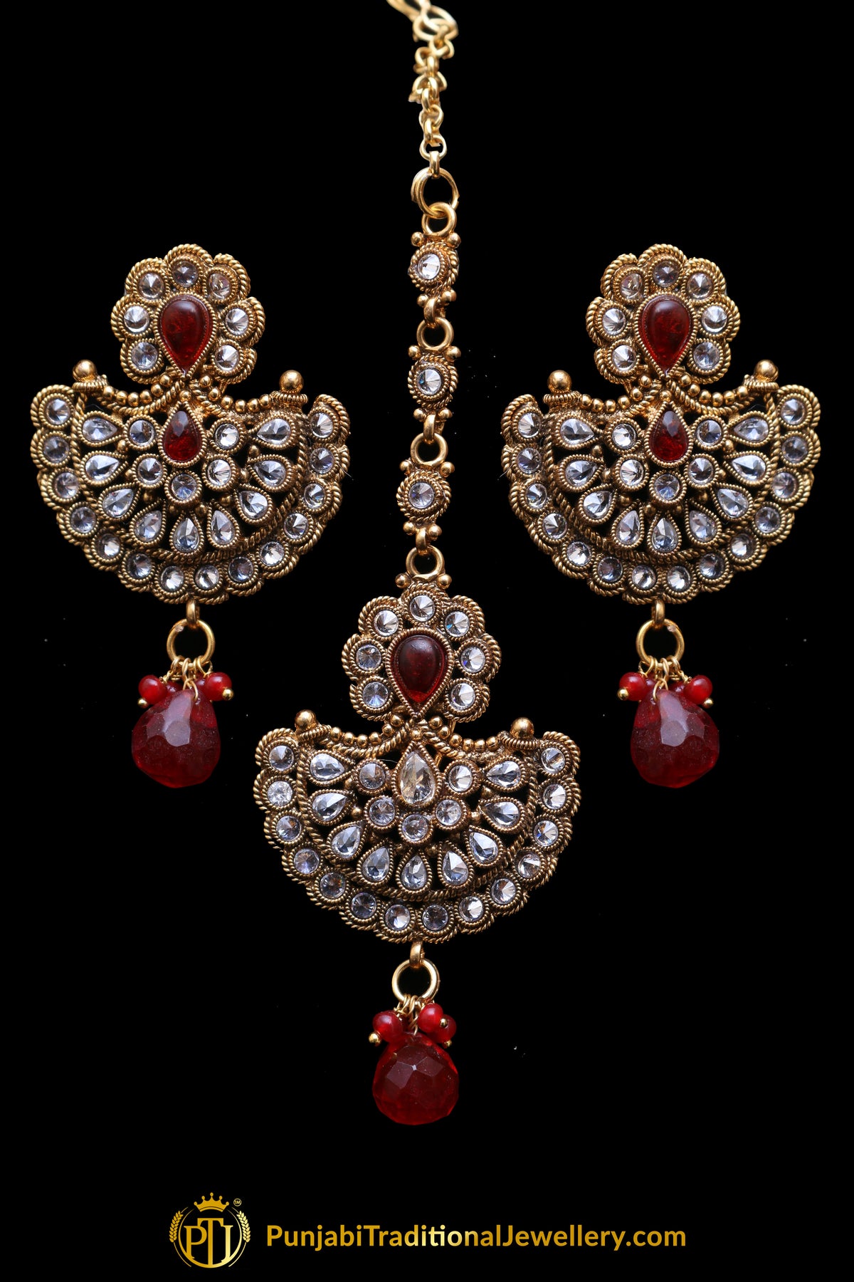 Red Polki Earring Tikka Set By Punjabi Traditional Jewellery