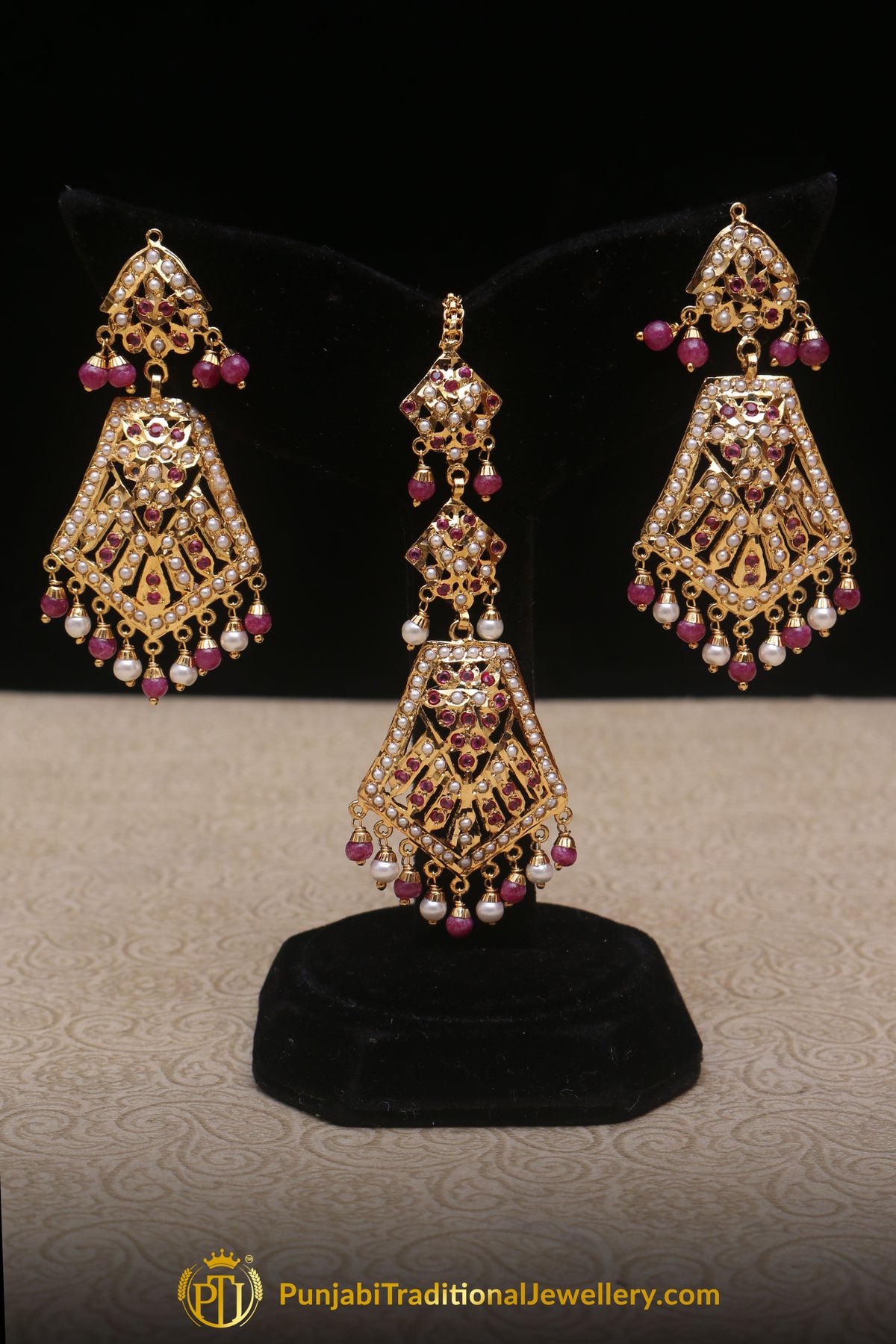 Multi Jadau Pearl Earring Tikka Set By Punjabi Traditional Jewellery