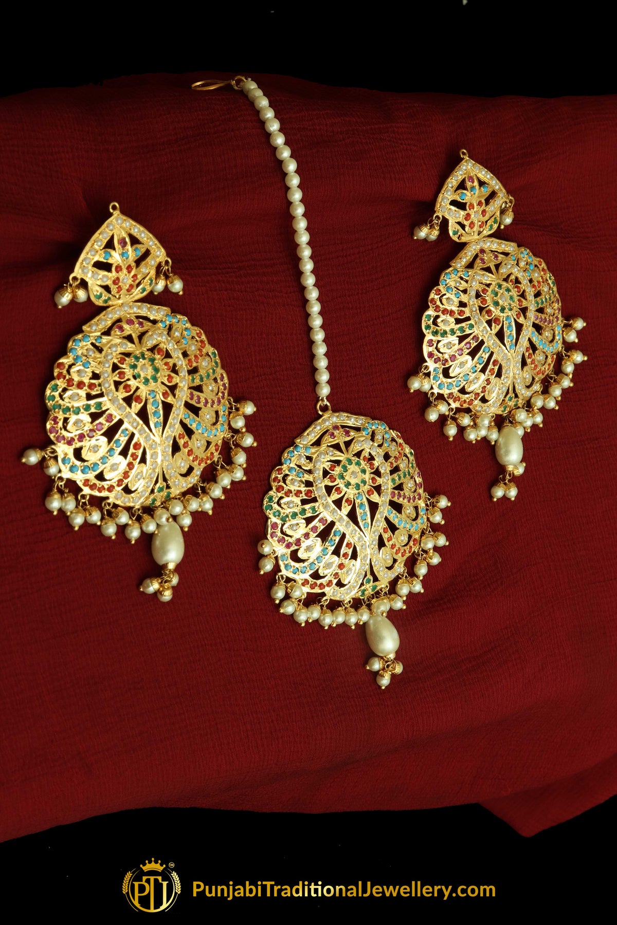 Multi Jadau Pearl Earring Tikka Set By Punjabi Traditional Jewellery