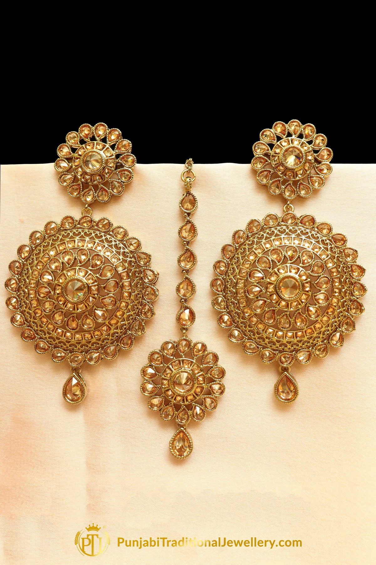 Gold Finished Champagne Stone Earring Tikka Set By Punjabi Traditional Jewellery
