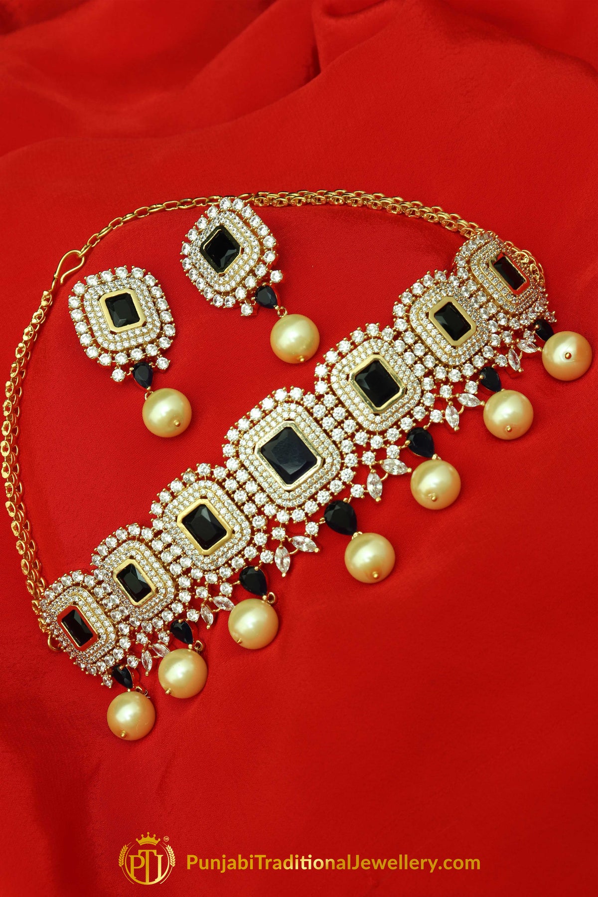 Ghadah Gold Finished Blue Pearl American diamond Choker Set & Earrings | Punjabi Traditional Jewellery Exclusive