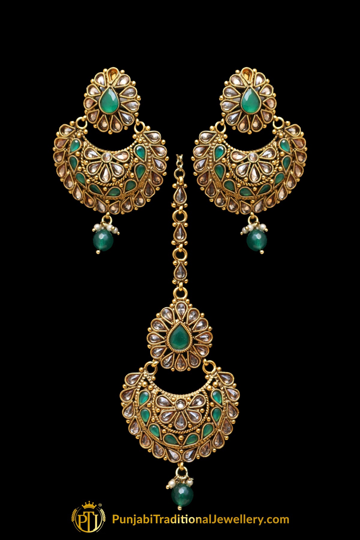 Champagne Stone Green Pearl Earring Tikka Set By Punjabi Traditional Jewellery