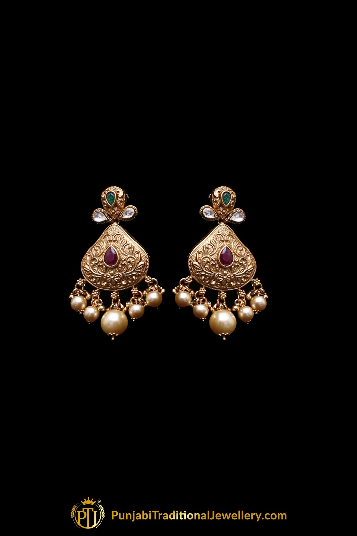 Red Green Antique Gold Necklace Set By Punjabi Traditional Jewellery