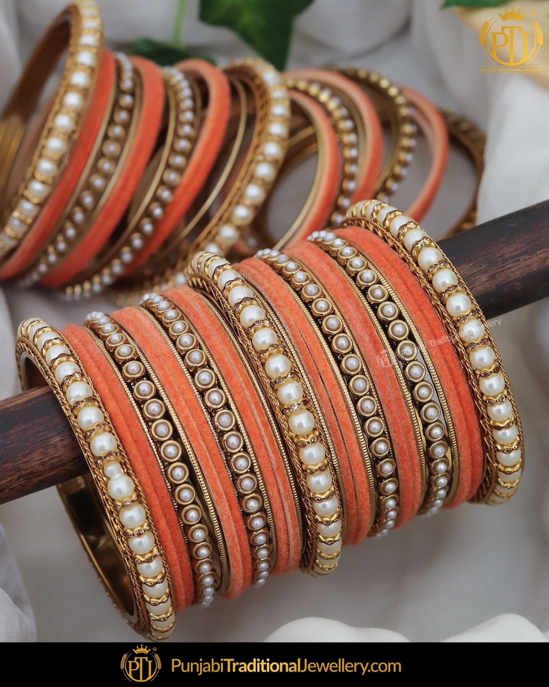 Orange Thread Pearl Bangle Set (Both Hand Pair) | Punjabi Traditional Jewellery Exclusive