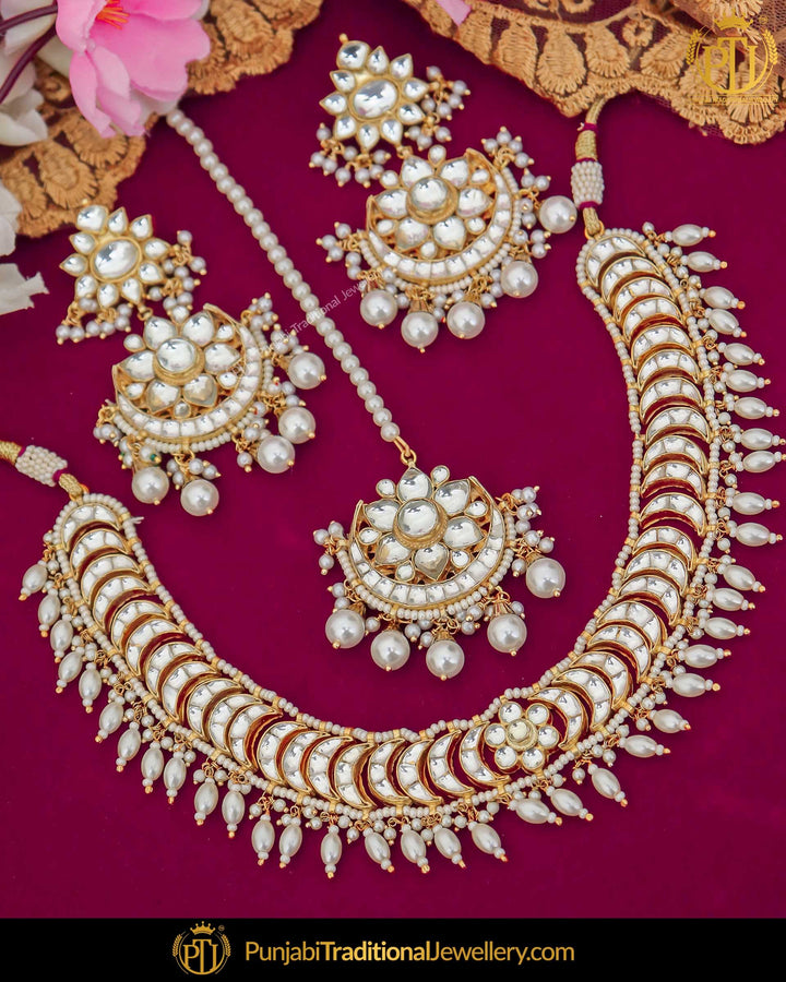 Gold Finished Kundan Pearl Necklace Set | Punjabi Traditional Jewellery Exclusive