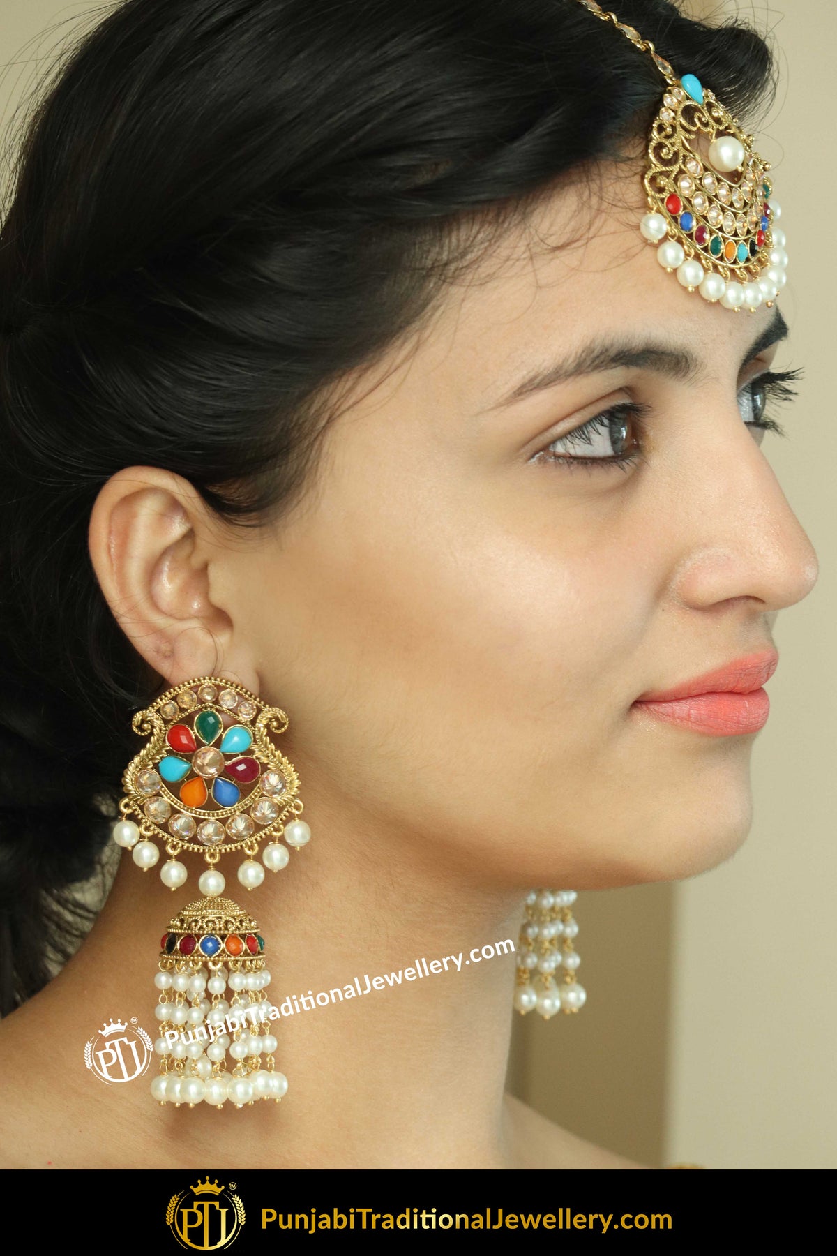 Hadrian Navratan Champagne Stone Earrings & Tikka Set | Punjabi traditional Jewellery Exclusive