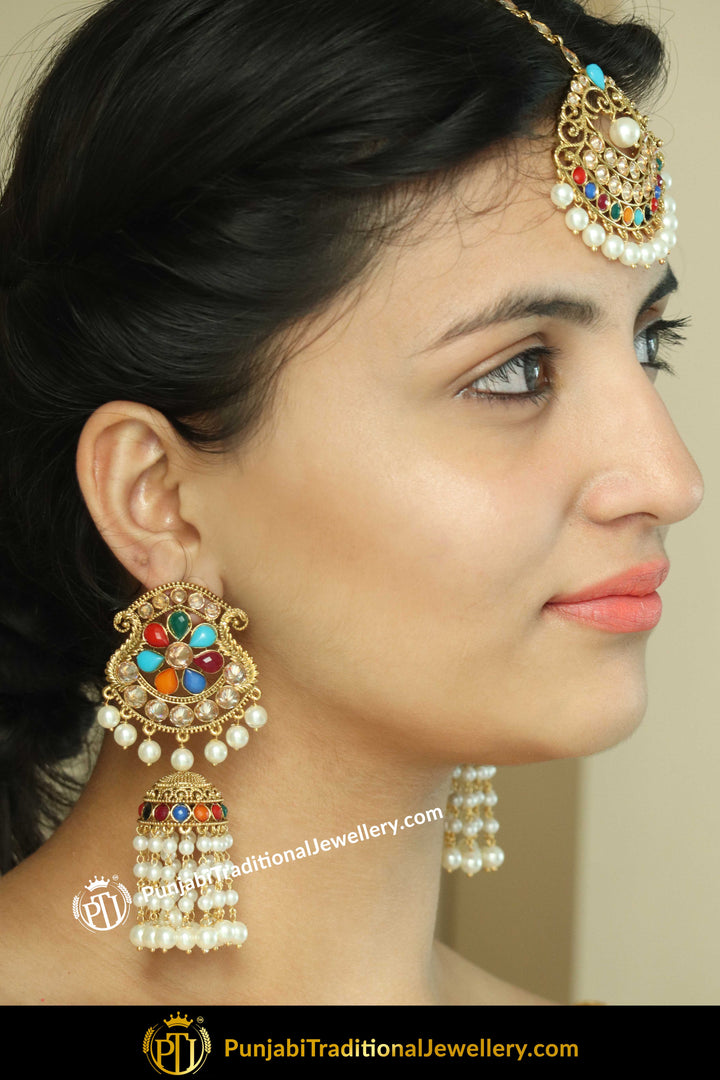 Hadrian Navratan Champagne Stone Earrings & Tikka Set | Punjabi traditional Jewellery Exclusive