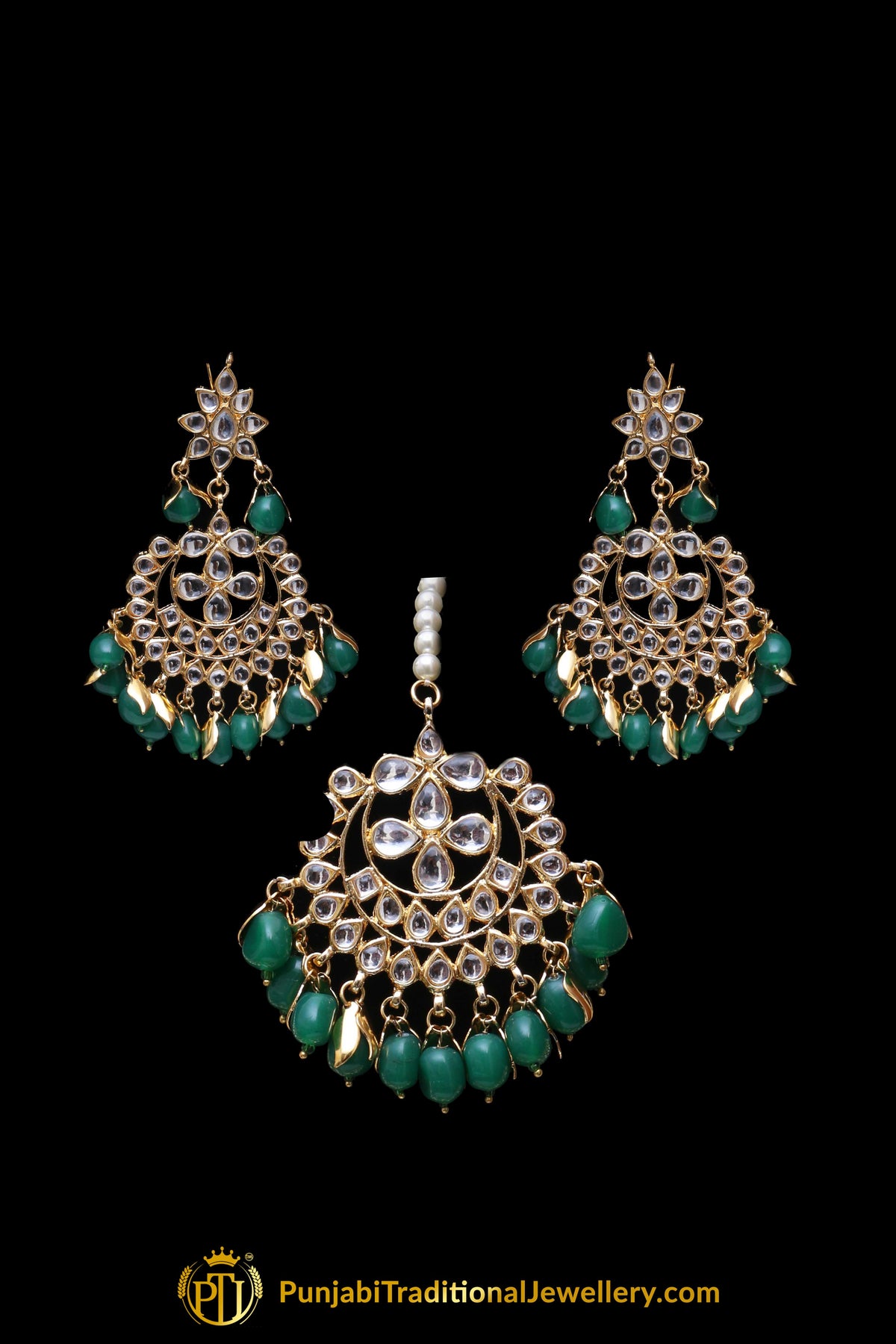 Green Pearl Kundan Necklace Set Punjabi Traditional Jewellery