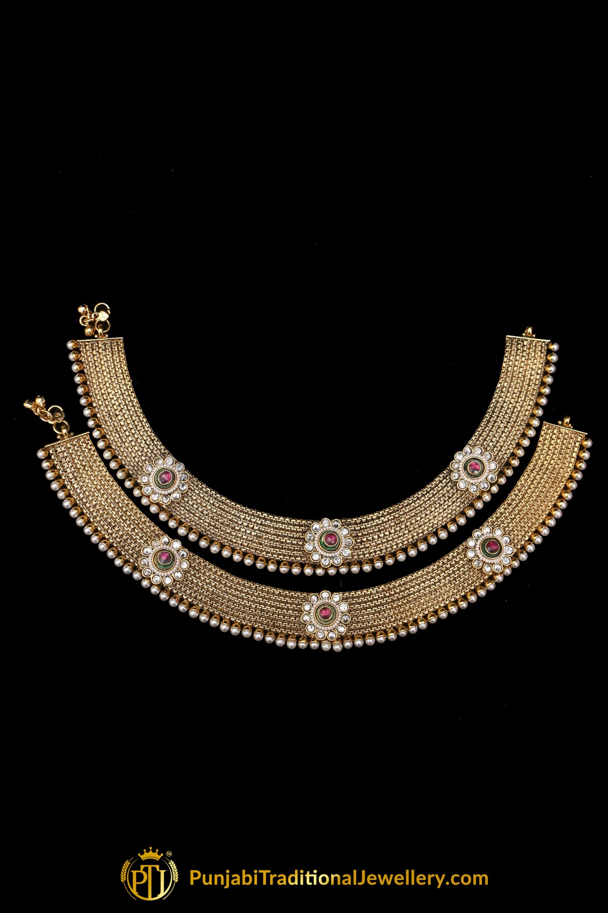 Red Antique Gold, Polki Payal By Punjabi Traditional Jewellery