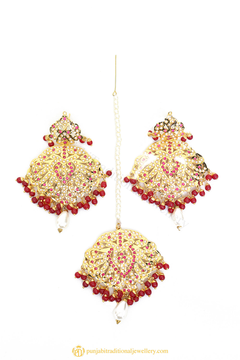 Gold Finished Earrings & Tikka Set by PTJ