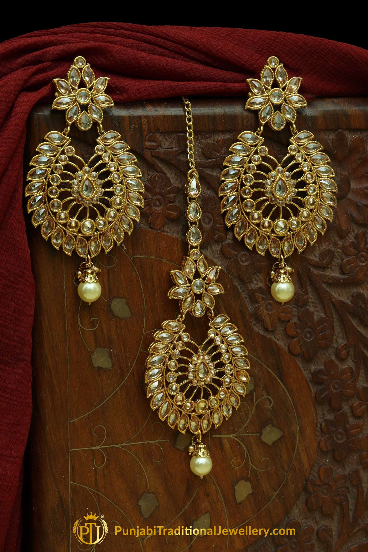 Polki Pearl Earrings Tikka Set By Punjabi Traditional Jewellery