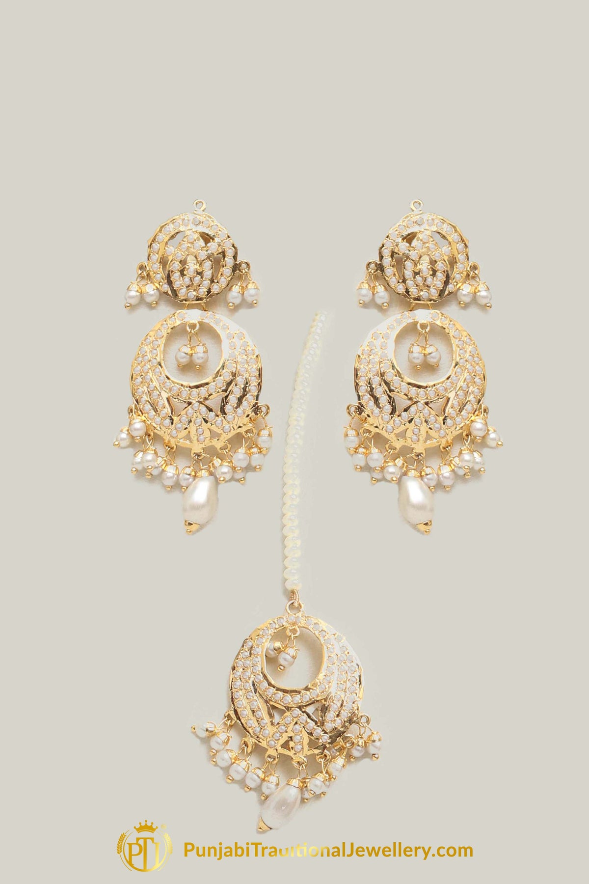 Jadau White Pearl Mala Necklace Set By Punjabi Traditional Jewellery