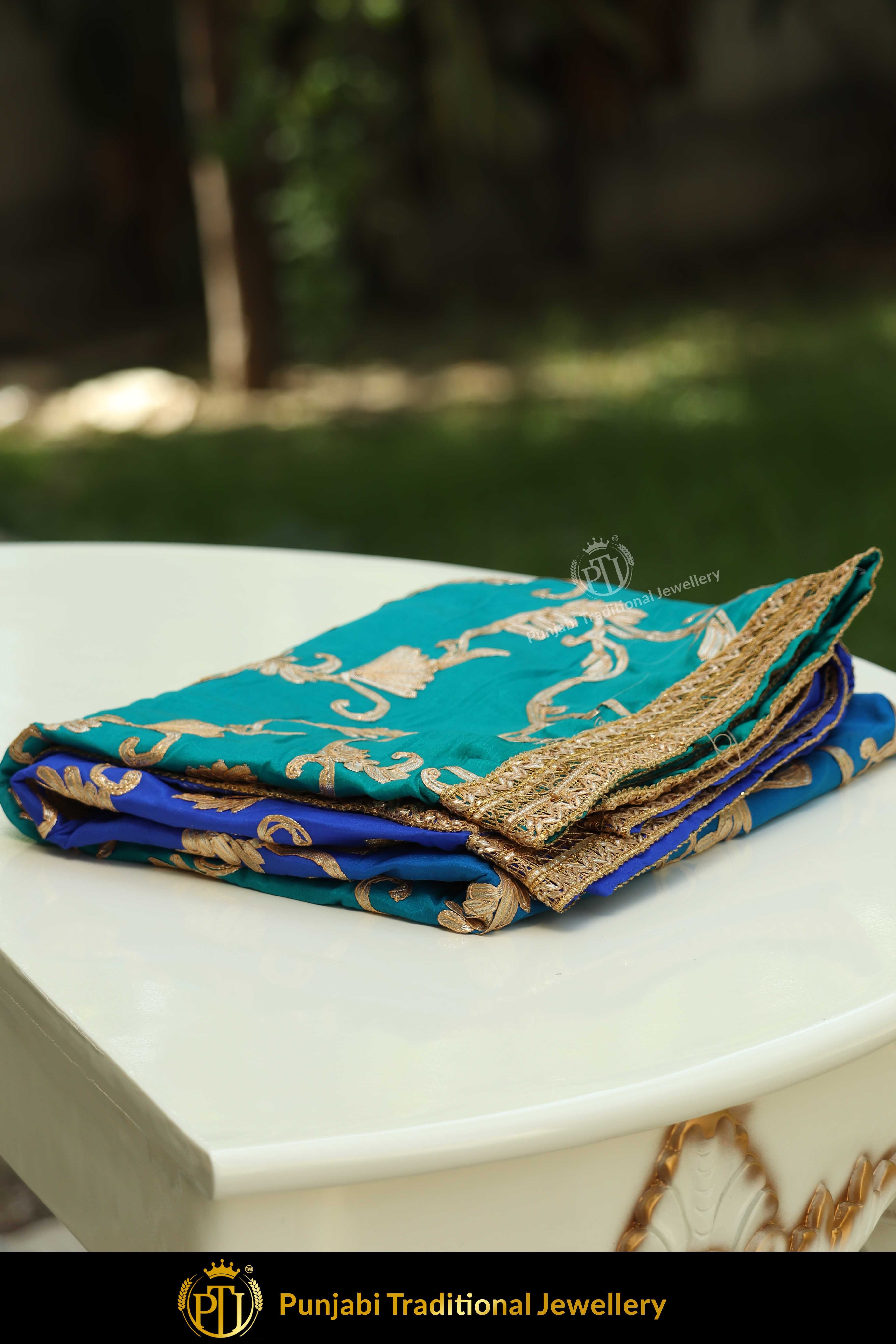 Blue & Firozi Color Pure Phulkari Dupatta By Punjabi Traditional Jewellery