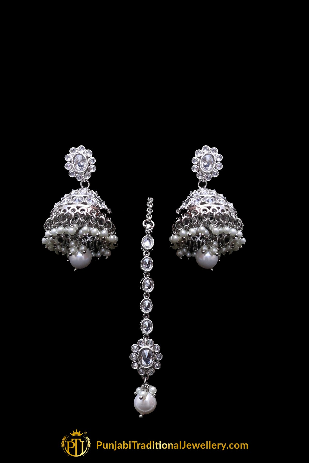Silver Polki Pearl Necklace Set By Punjabi Traditional Jewellery