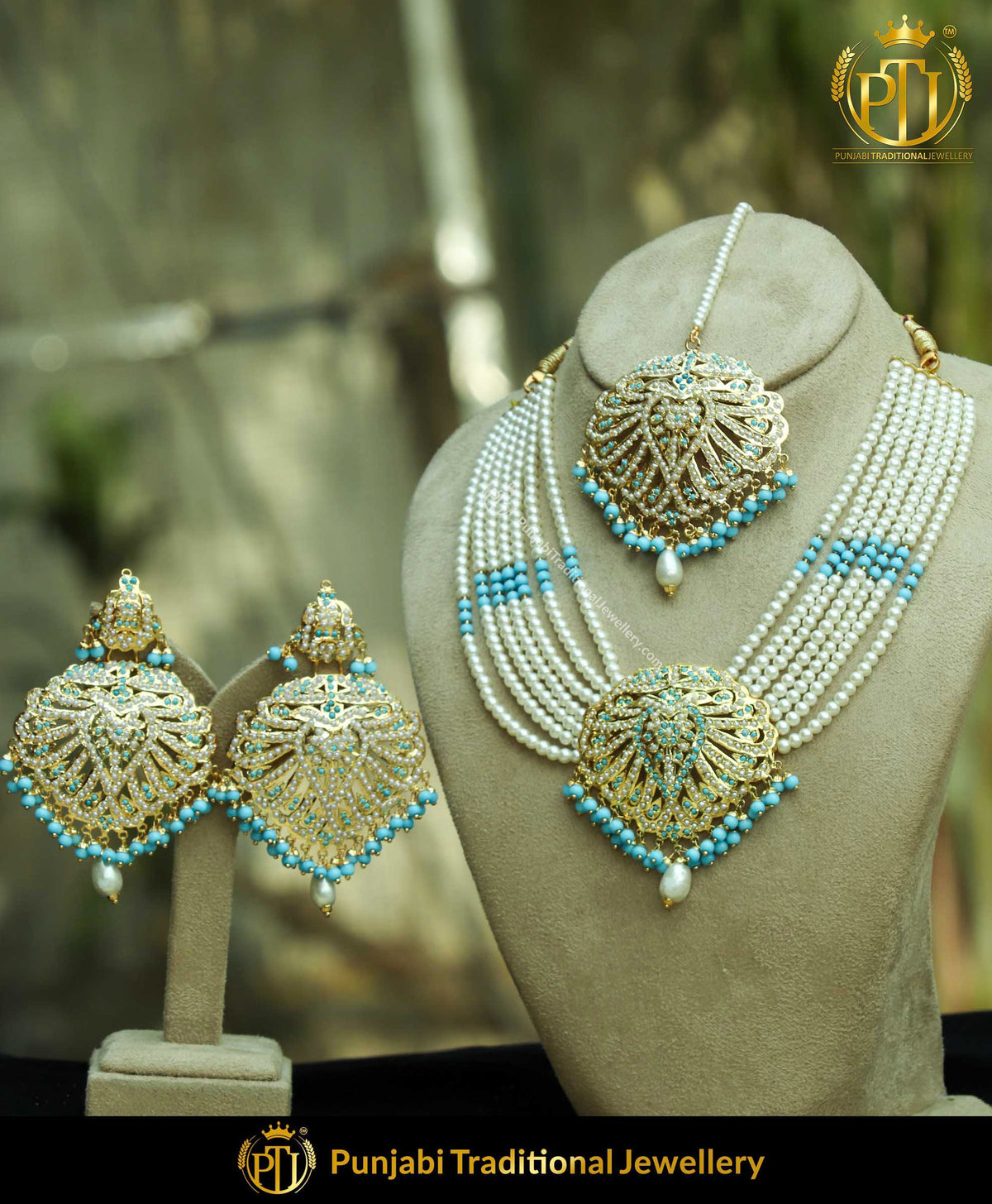 Gold Finished Firoza Jadau Necklace Set | Punjabi Traditional Jewellery Exclusive