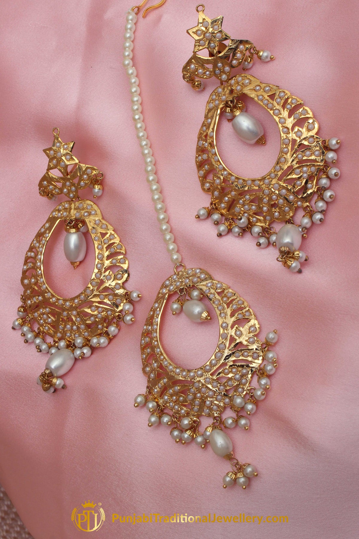 Golden Jadau Pearl Earring Tikka Set By Punjabi Traditional Jewellery