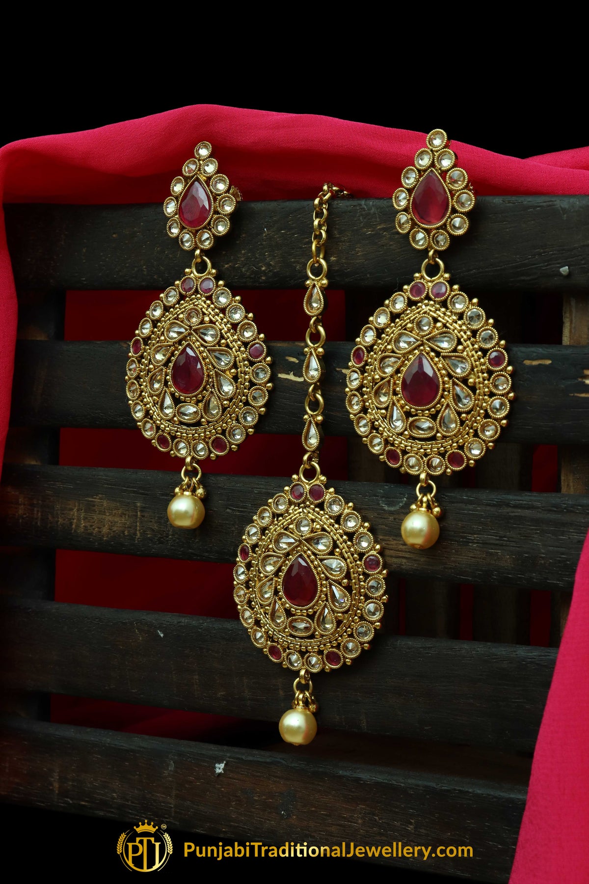 Red Polki Earrings Tikka Set By Punjabi Traditional Jewellery