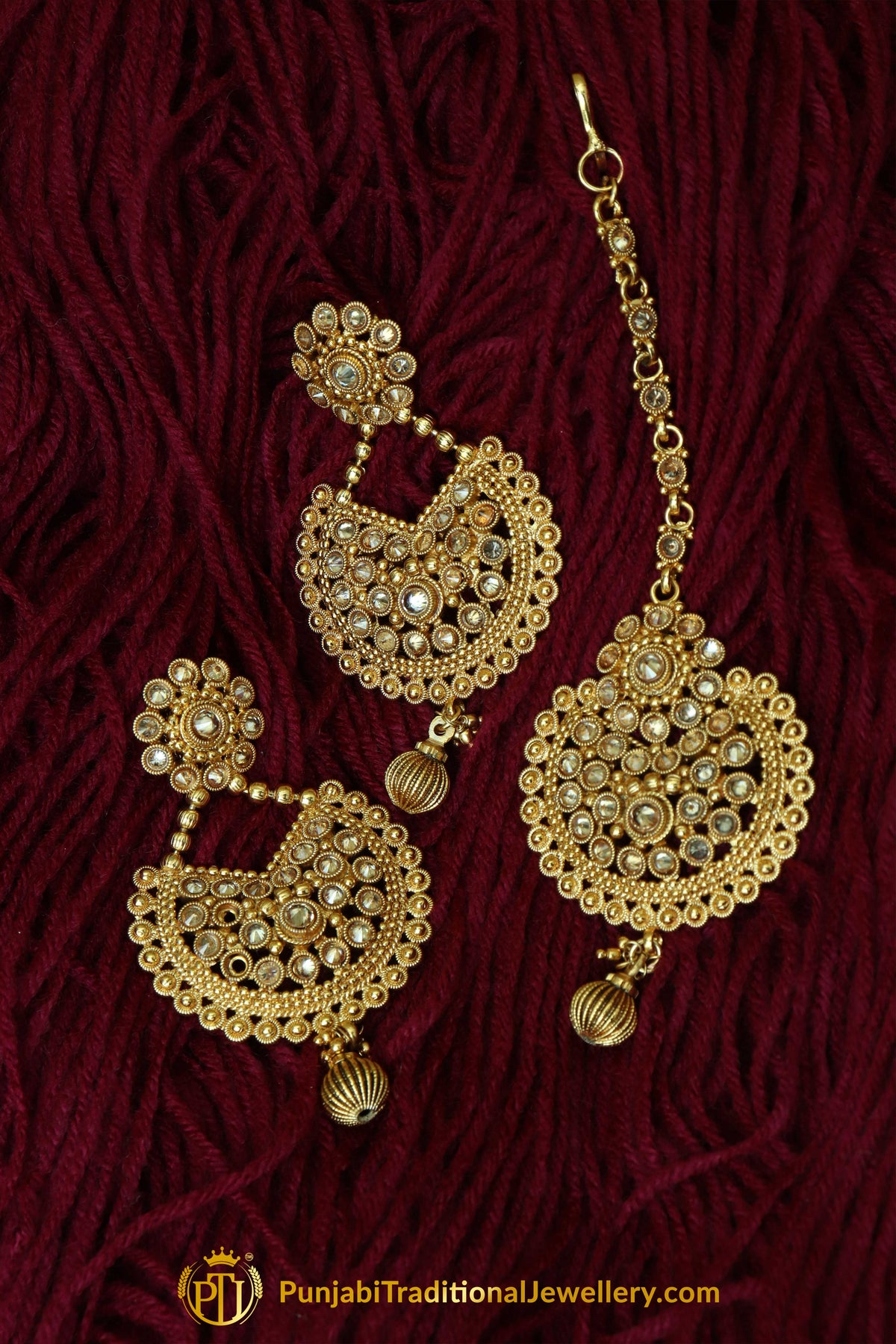 Golden Polki Earrings Tikka Set By Punjabi Traditional Jewellery