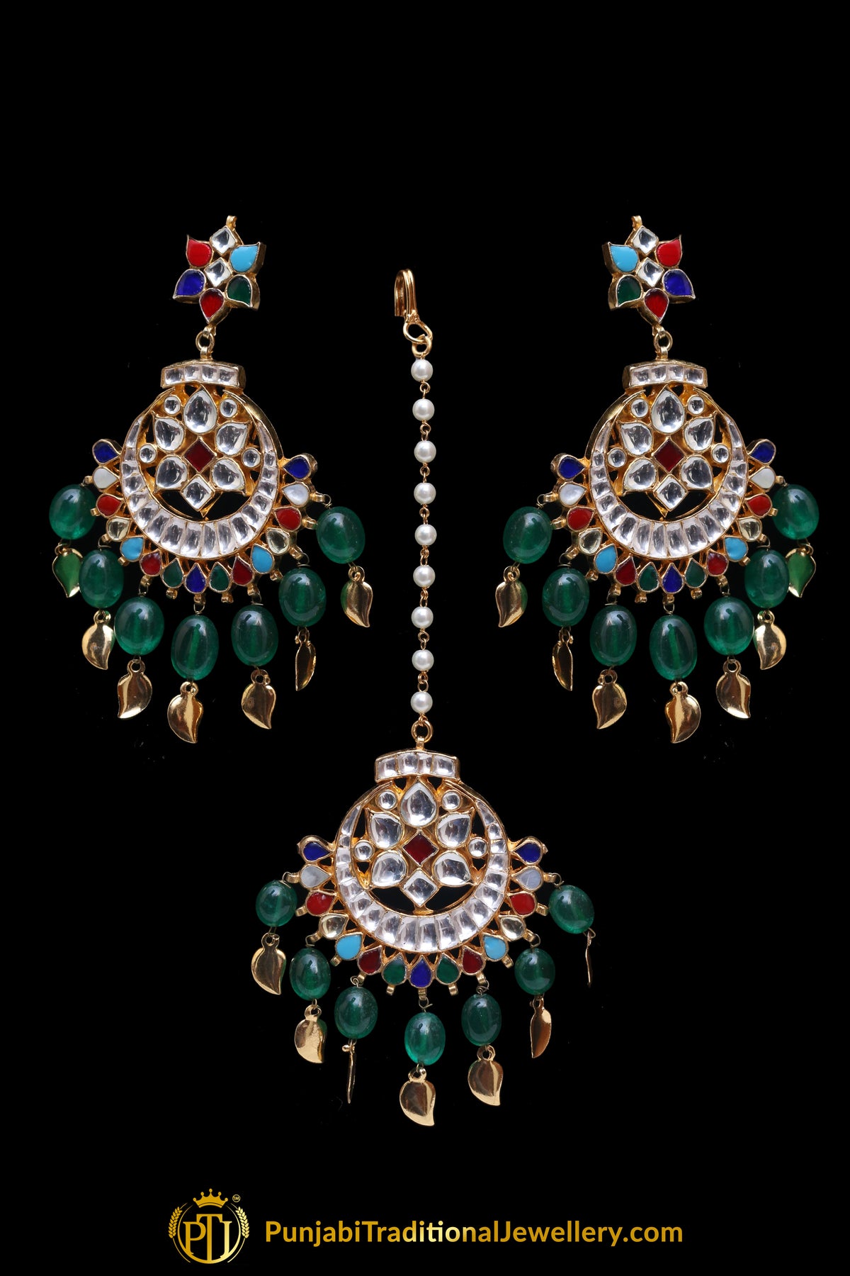 Multi Pippal Patti Kundan Earring Tikka Set By Punjabi Traditional Jewellery