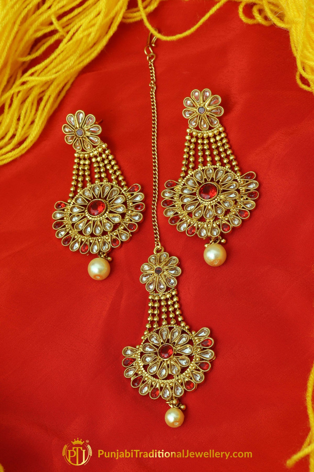 Red Polki Earring Tikka Set By Punjabi Traditional Jewellery