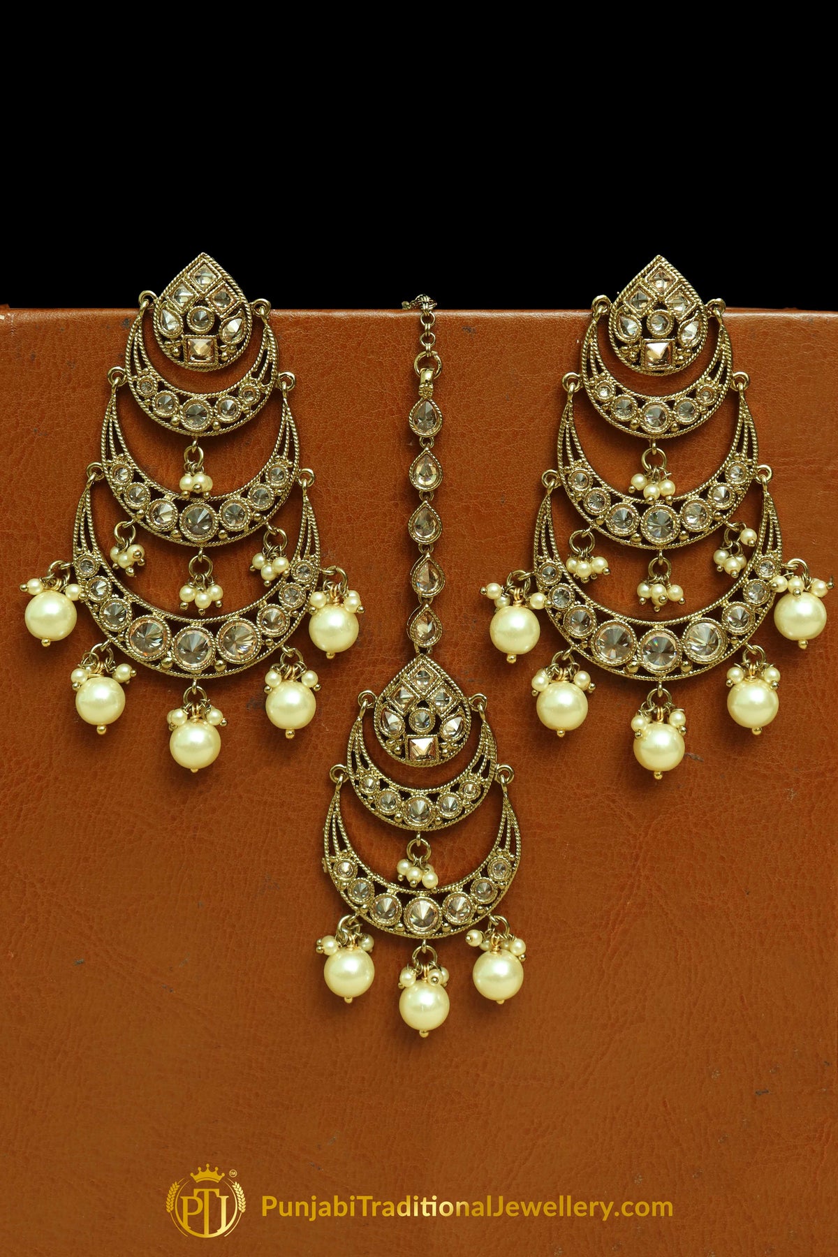 Gold Finished Champagne Stone & Pearl Earring Tikka Set By Punjabi Traditional Jewellery