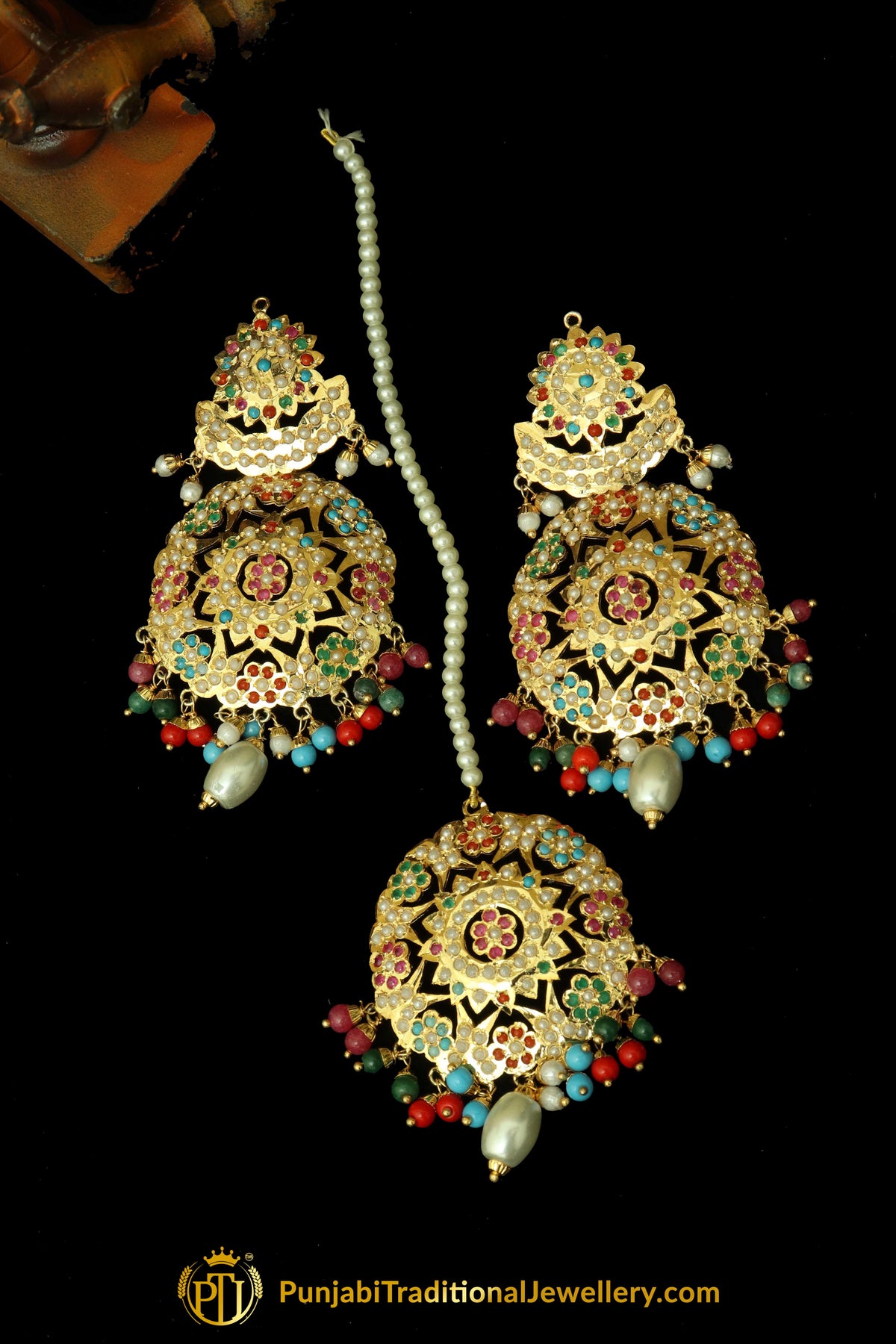 Gold Finished Navratan Jadau Earring Tikka Set By Punjabi Traditional Jewellery