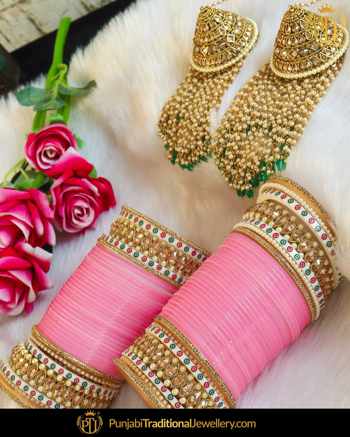 Dotted Champagne Stone Pink Bridal Chura & Kalire Green Pearl | Punjabi Traditional Jewellery Exclusive