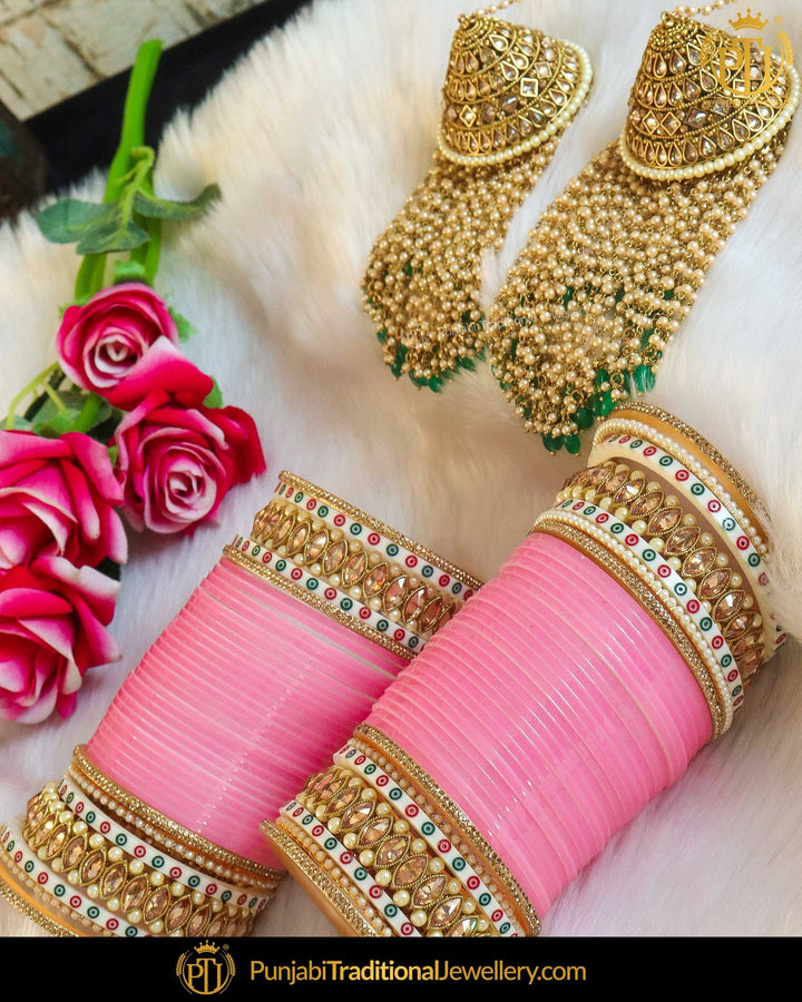 Dotted Champagne Stone Pink Bridal Chura & Kalire Green Pearl | Punjabi Traditional Jewellery Exclusive