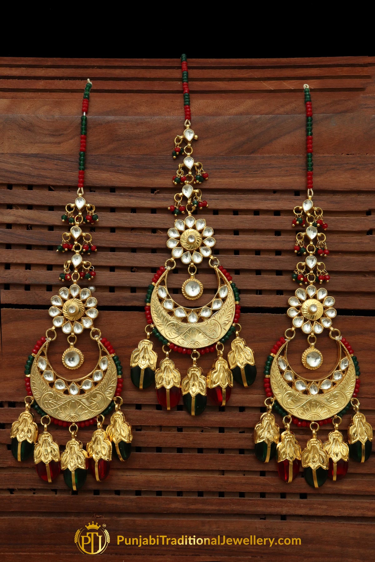 Rubby Panna Gold Plated Kundan Sahare Earring Tikka Set | Punjabi Traditional Jewellery Exclusive