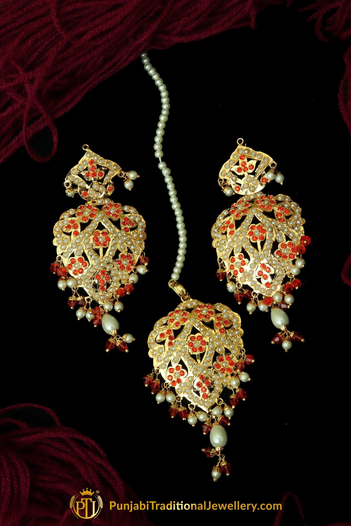 Orange Jadau Pearl Earring Tikka Set By Punjabi Traditional Jewellery