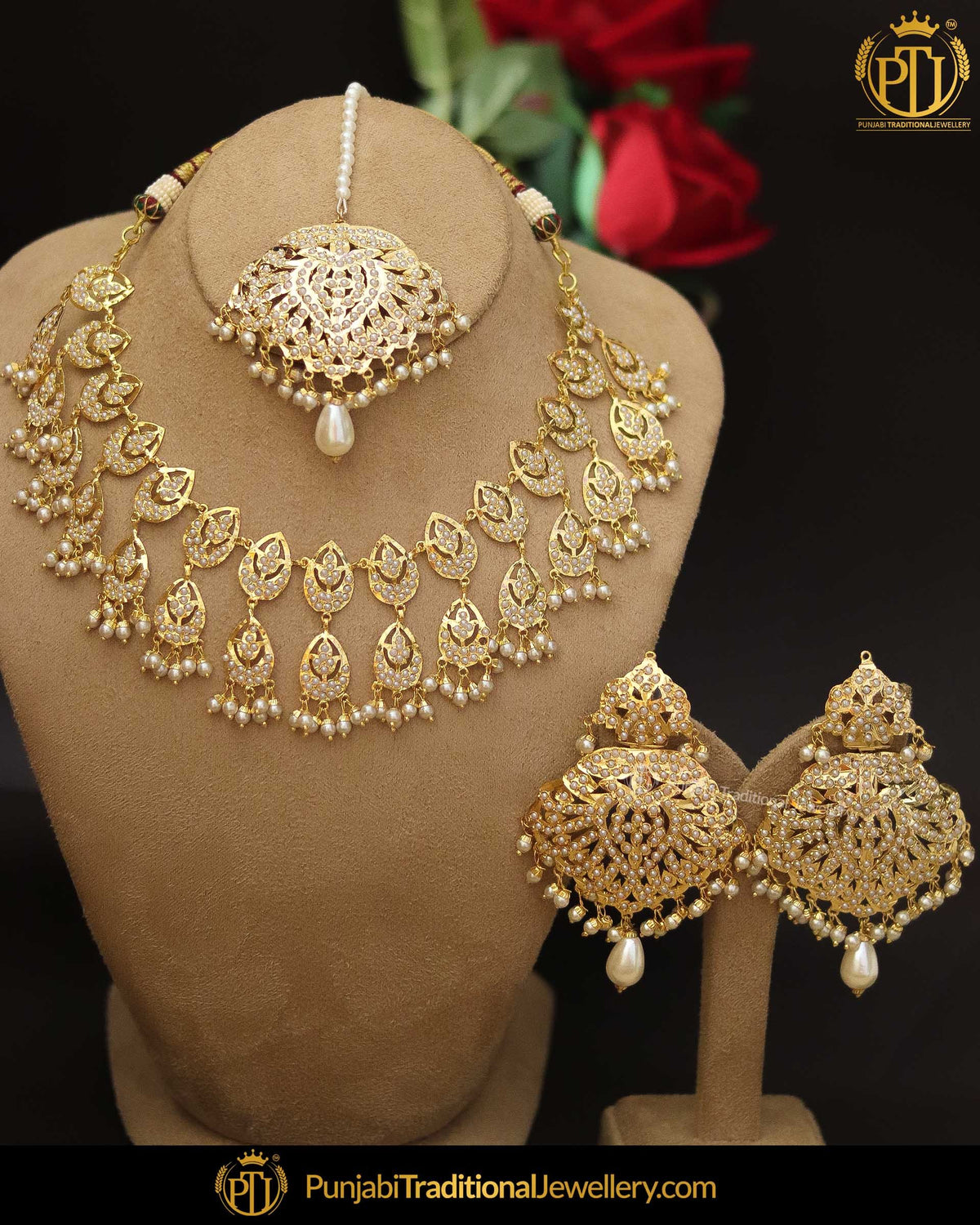 Gold Finished Jadau Pearl Necklace Set | Punjabi Traditional Jewellery Exclusive