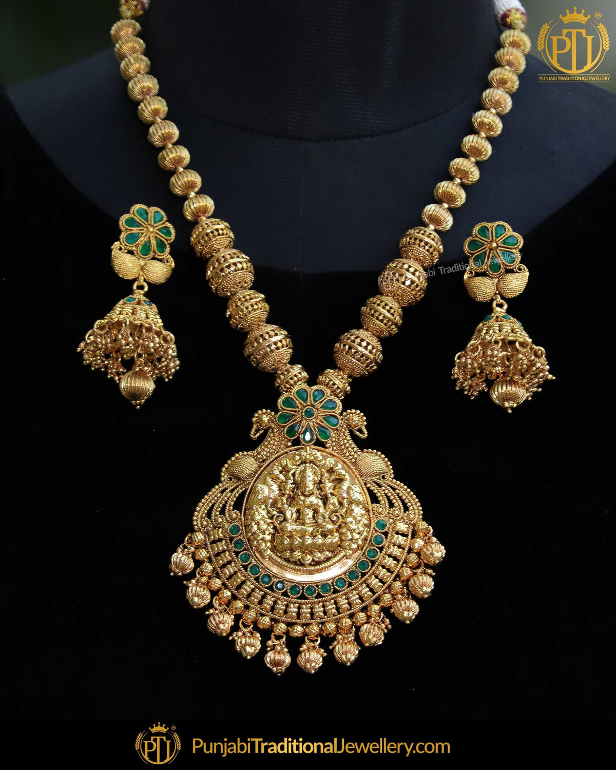 Antique Gold Finished Green Johda Mala Necklace Set | Punjabi Traditional Jewellery Exclusive