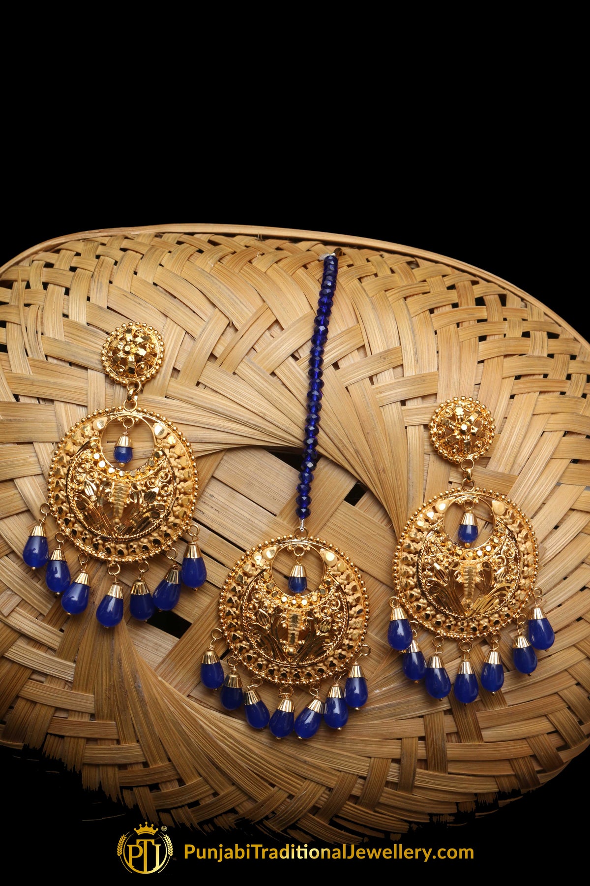 Aara Blue Gold Plated Pearl Earring Tikka Set By Punjabi Traditional Jewellery