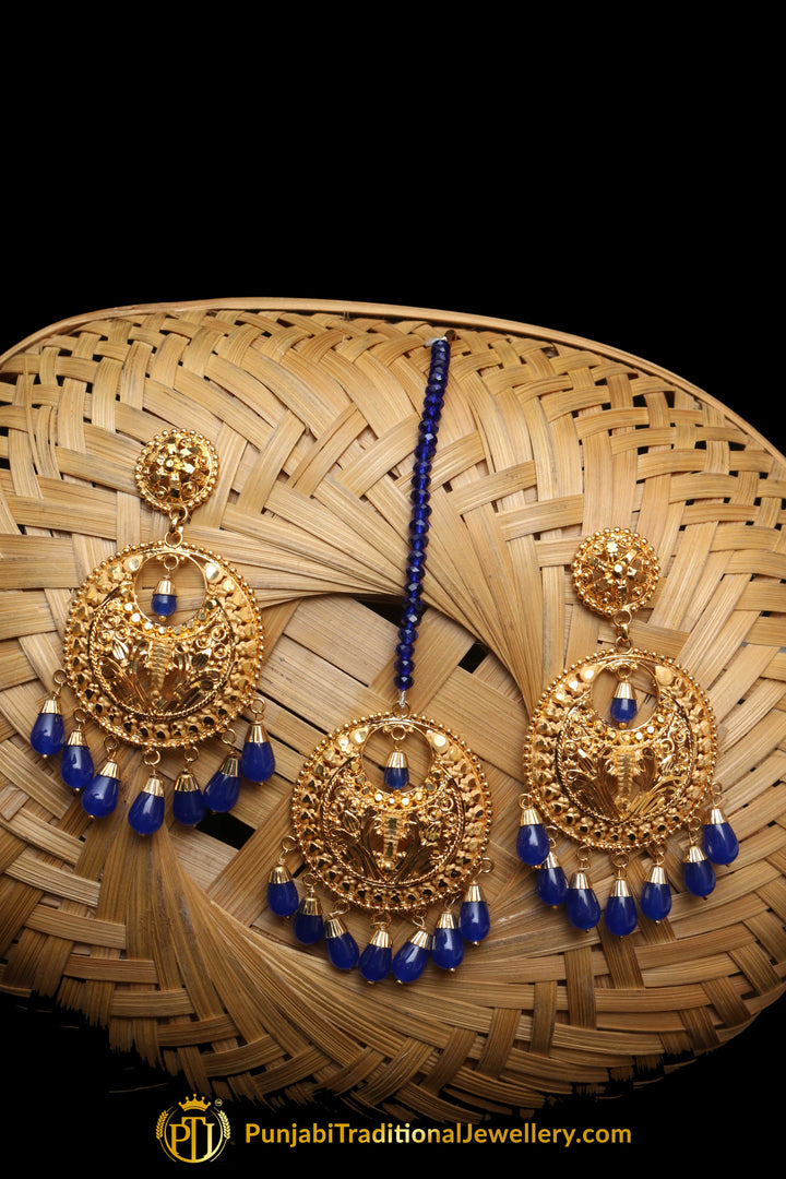 Aara Blue Gold Plated Pearl Earring Tikka Set By Punjabi Traditional Jewellery