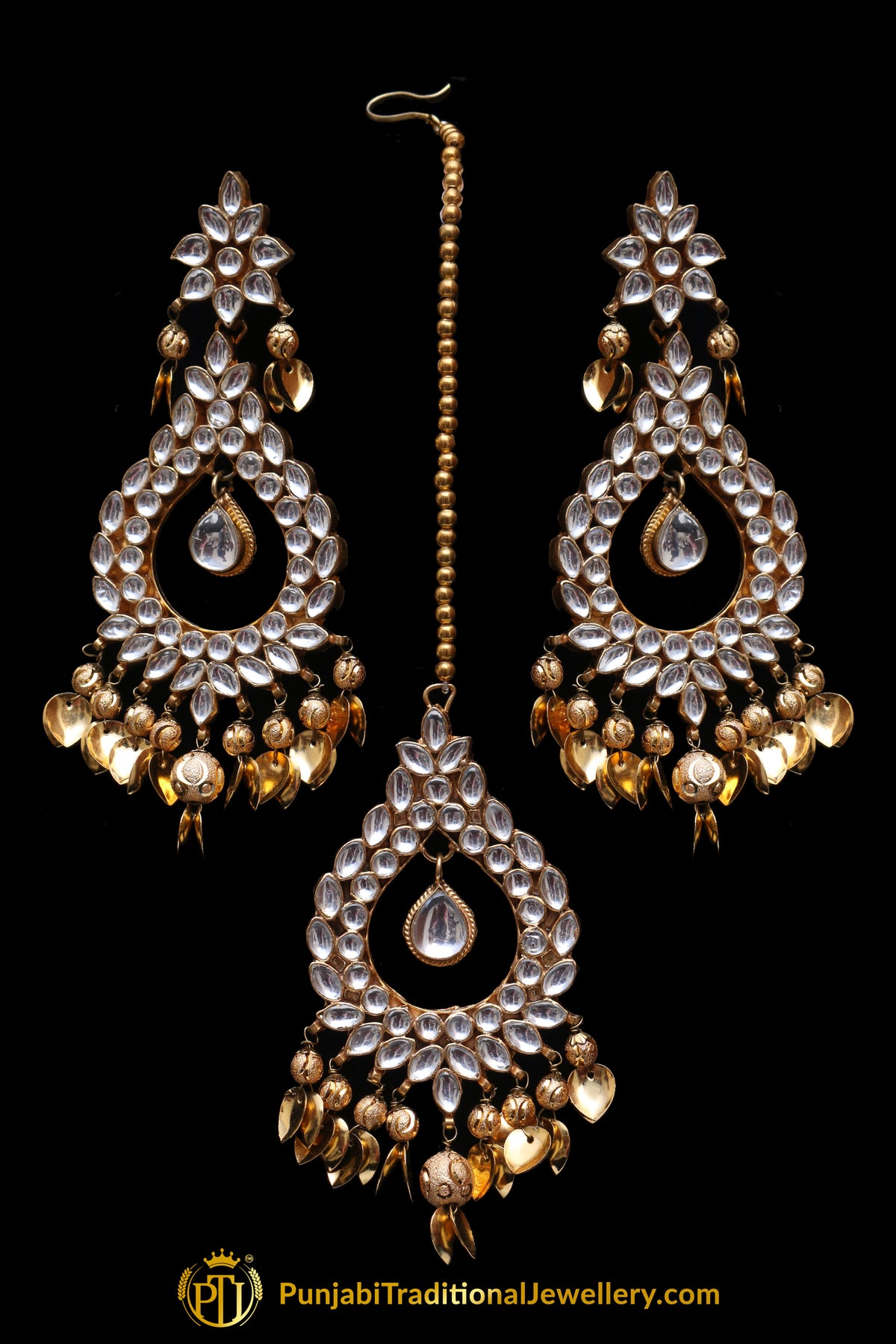 Golden Kundan Pippal Patti Earring Tikka Set By Punjabi Traditional Jewellery