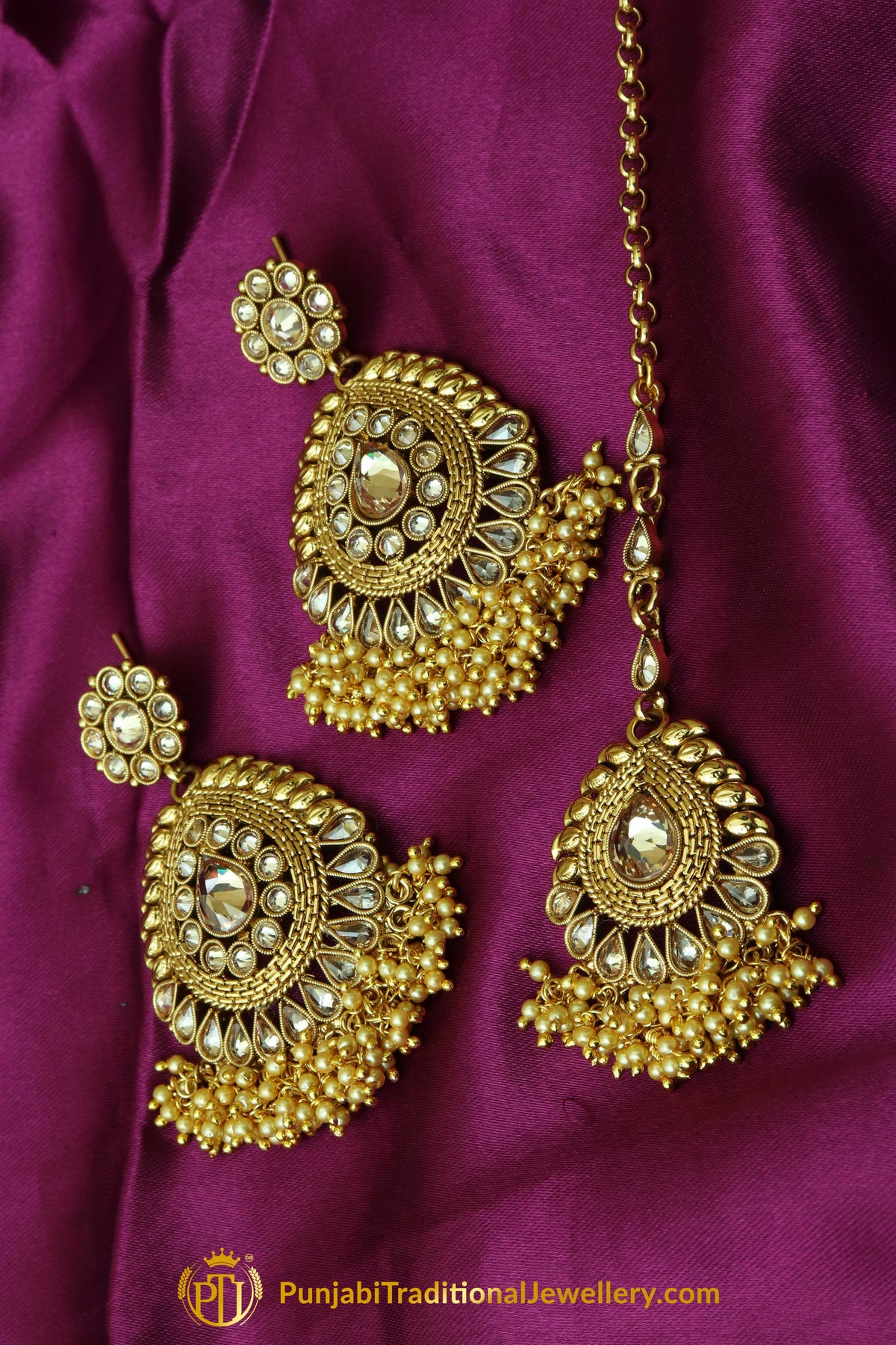 Golden Polki Earrings Tikka Set By Punjabi Traditional Jewellery