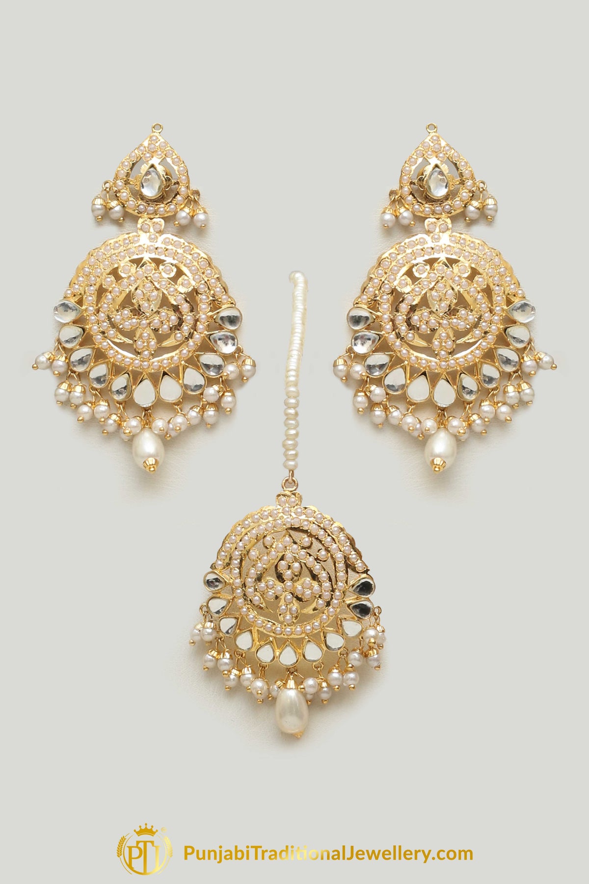 Golden Jadau Pearl Kundan Necklace Set By Punjabi Taditional Jewellery