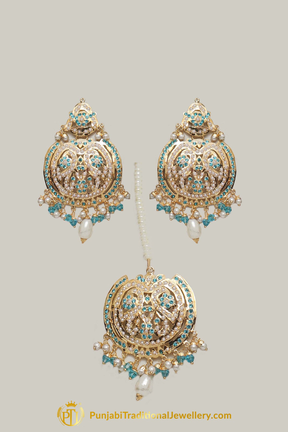 Firozi Pearl Jadau Necklace Set By Punjabi Traditional Jewellery