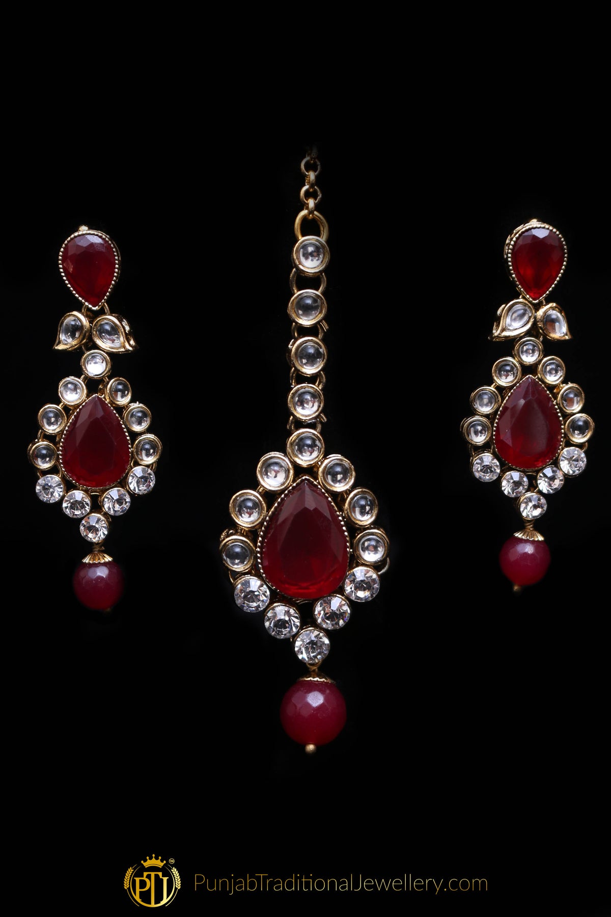 Red Kundan Necklace Set By Punjabi Traditional Jewellery