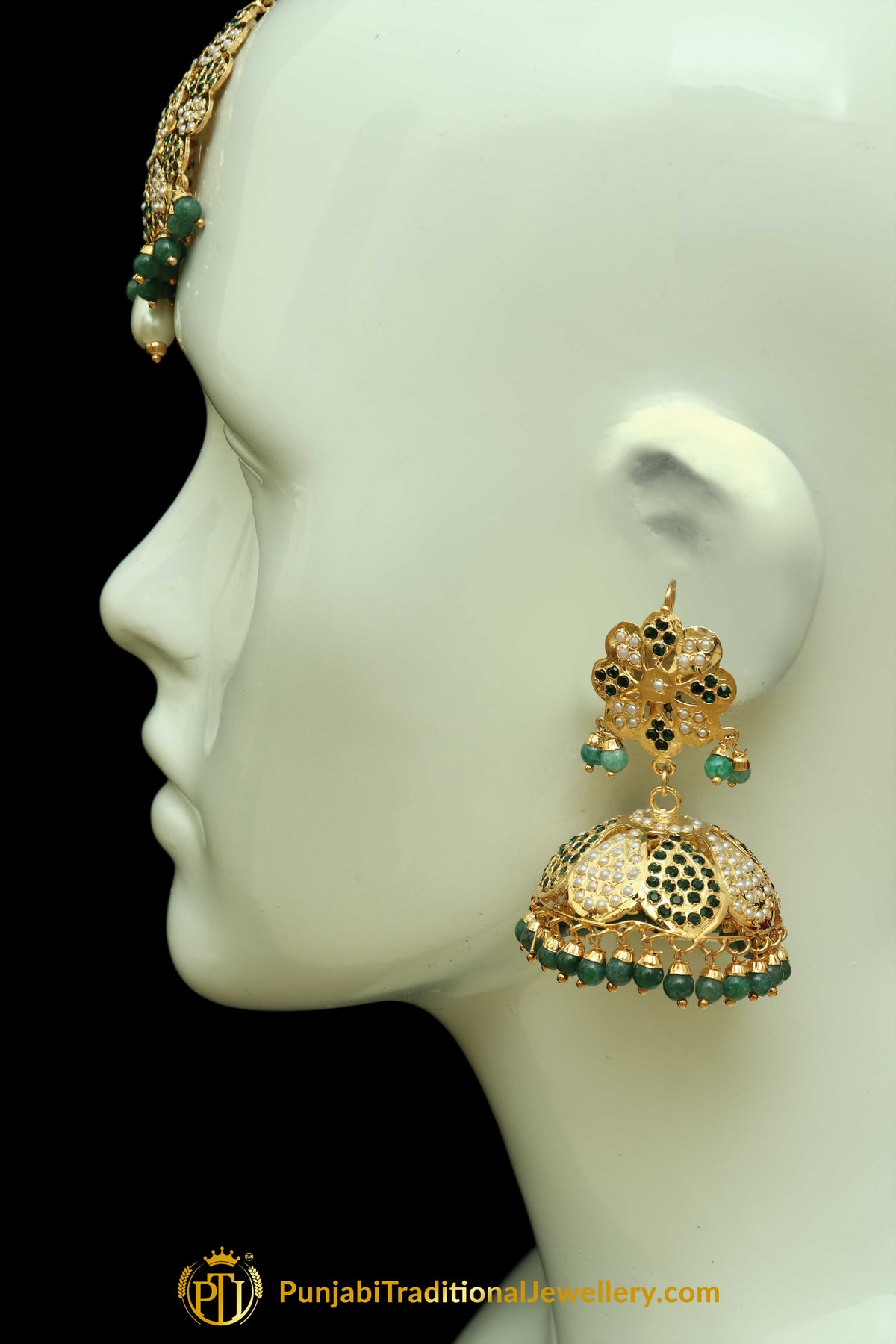 Green Jadau & Jhumki With Tikka Earrings By Punjabi Traditional Jewellery Earrings