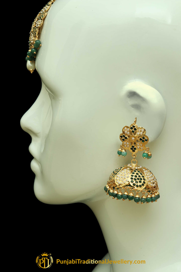 Green Jadau & Jhumki With Tikka Earrings By Punjabi Traditional Jewellery Earrings