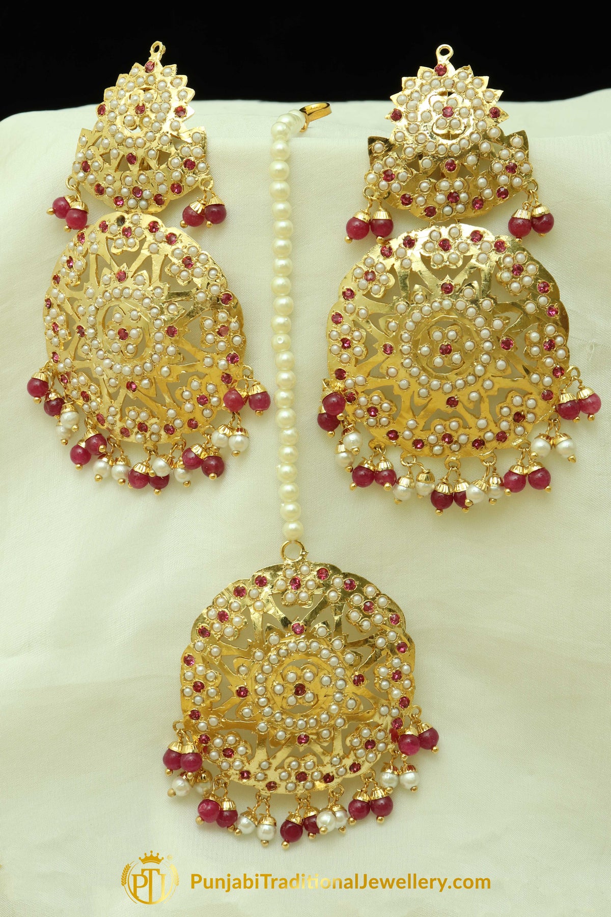 Gold Finished Rubby Jadau Earring Tikka Set By Punjabi Traditional Jewellery