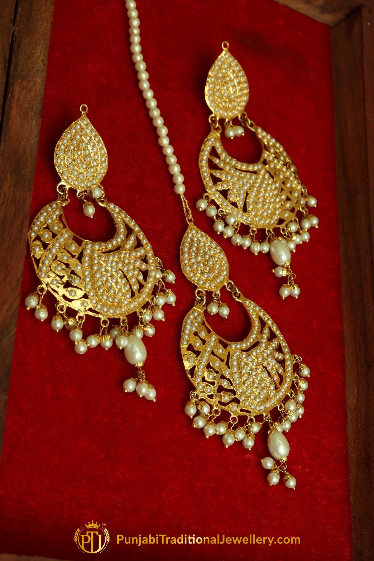 Golden Jadau Pearl Earring Tikka Set By Punjabi Traditional Jewellery