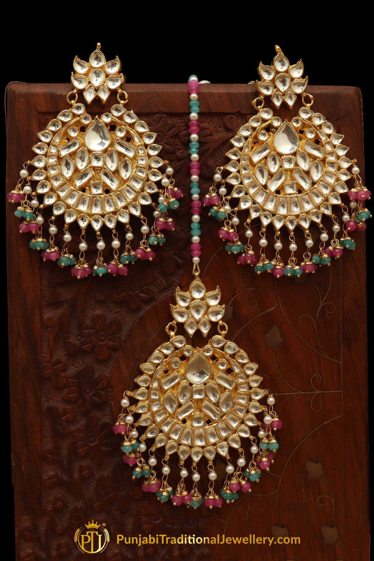 Anisa Red Green Kundan Earring Tikka Set | Punjabi Traditional Jewellery Exclusive