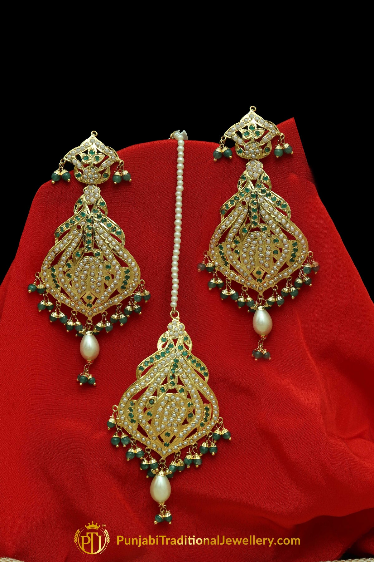 Green Jadau Pearl Earring Tikka Set By Punjabi Traditional Jewellery