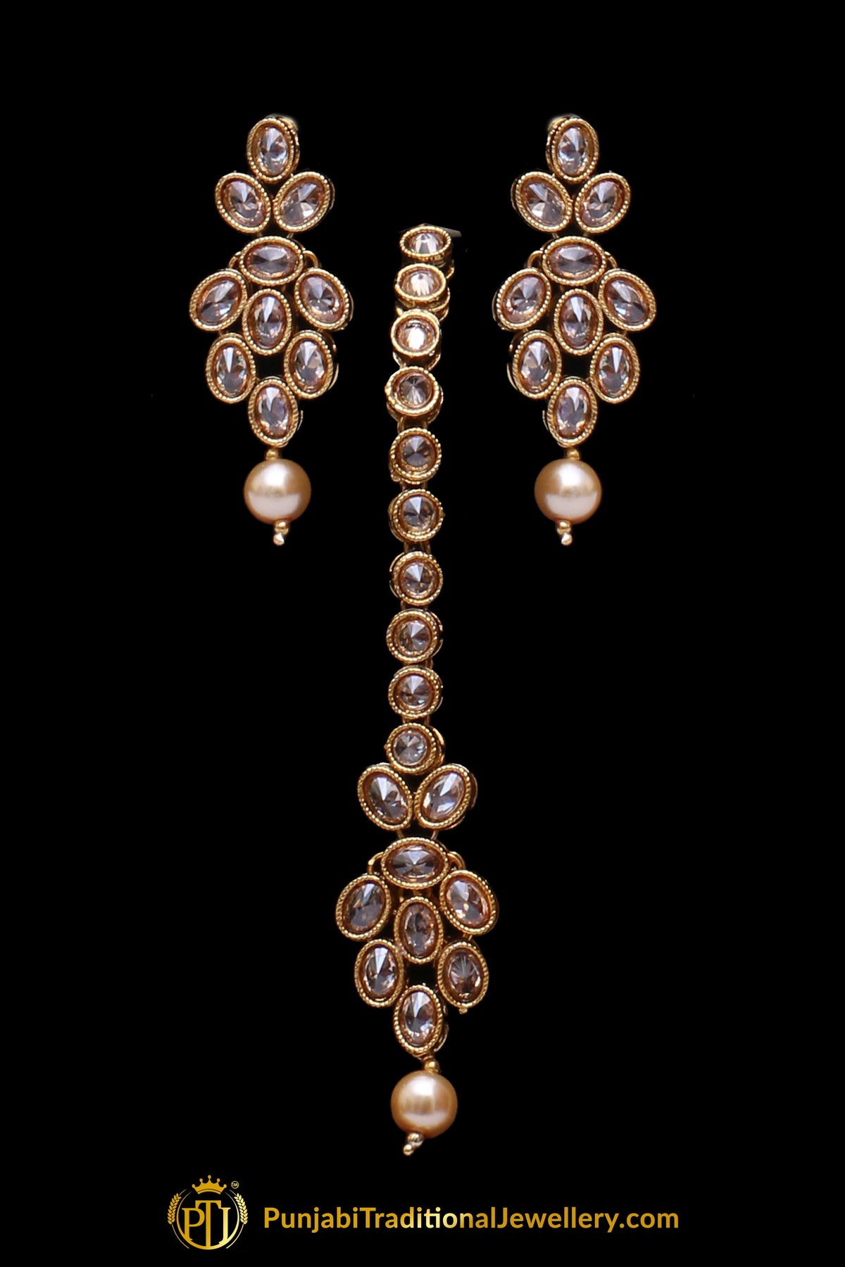 Pearl Champagne Stone Necklace Set By Punjabi Taditional Jewellery